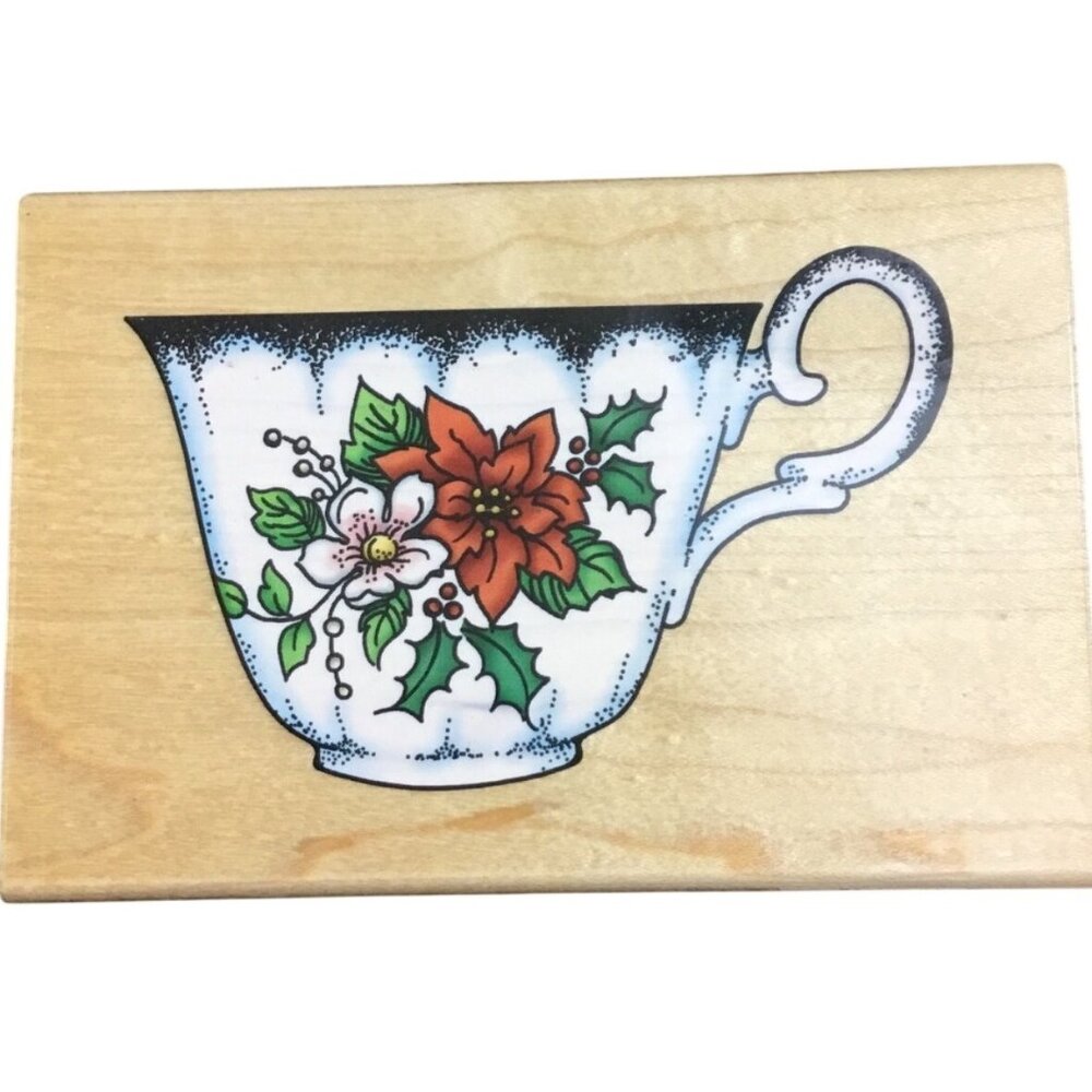 Stampendous P068 Holiday Teacup Pointsettia Christmas Tea Cup Rubber Stamp